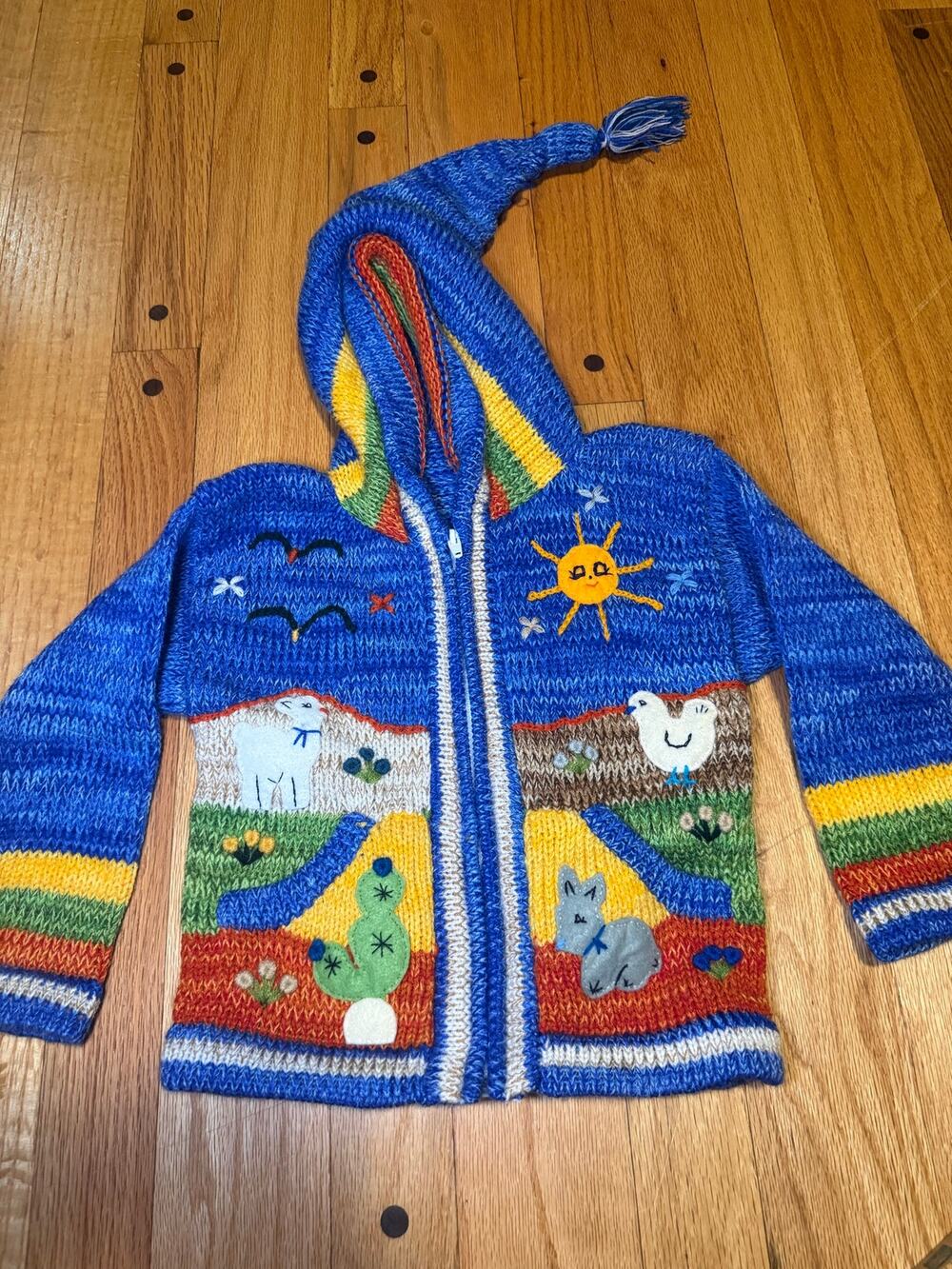 Made in Peru Kids Size 4 Hooded Knit Sweater Llama Cactus Animal Applique